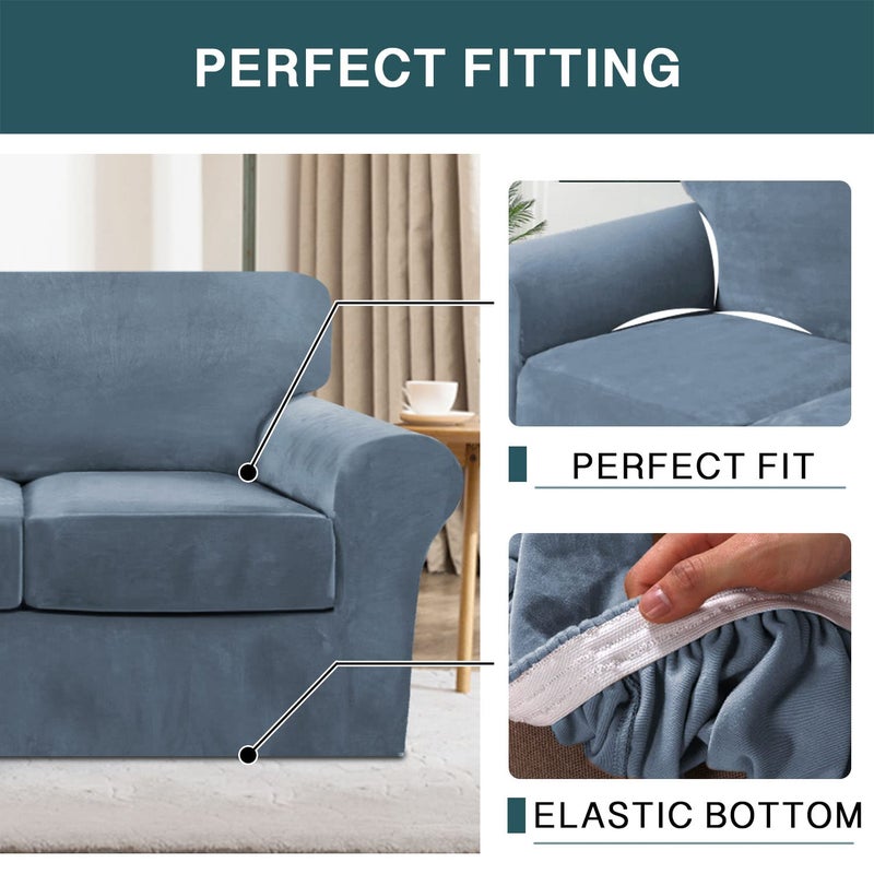 FantasDecor 4 Piece Sofa Velvet Couch Covers for 3 Cushion Stretch Slipcover with Individual Seat Cushion Elastic Furniture Protector for Pets, Machine Washable (Sofa,Stone Blue) - Image 5